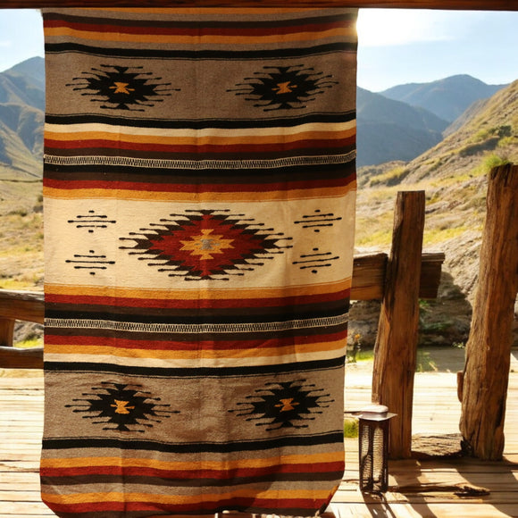 Mexican Blanket ~ 100% Wool (Rust + Mustard+ Cream) - SHIPS FREE!