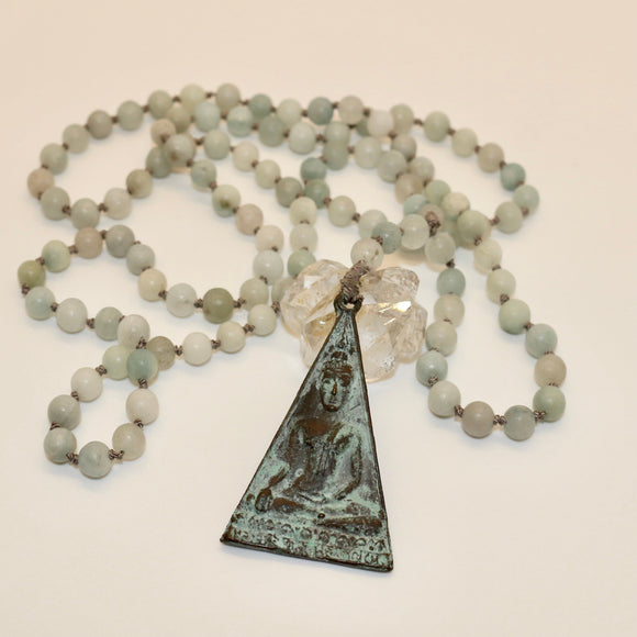 Mala ~ Aquamarine Mala adorned with Triangular Buddha Pendant