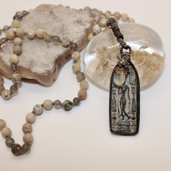 Mala ~ African Opal with Labradorite Mala adorned with Buddha
